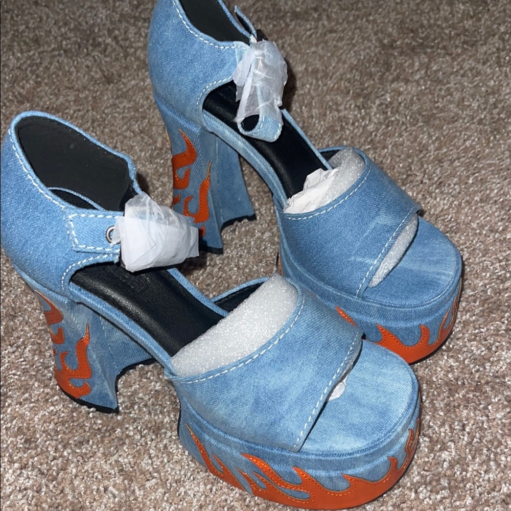 Current mood Denim Platform Heels with Orange Flame Design